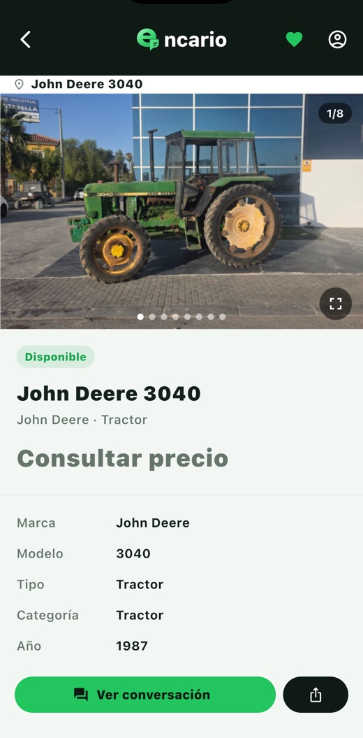 App Encario: ficha de una máquina con precio y especificaciones