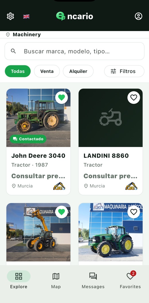 App Encario: catálogo de maquinaria en venta y alquiler