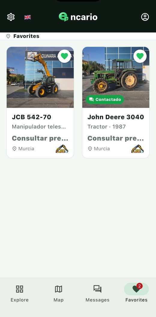 App Encario: máquinas guardadas en favoritos